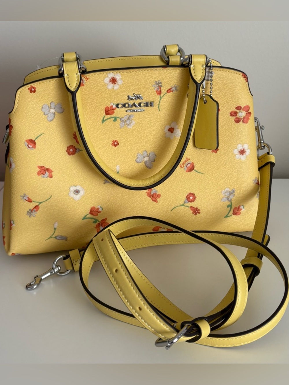 NEW coach Yellow Floral small Satchel with Detachable Strap authentic